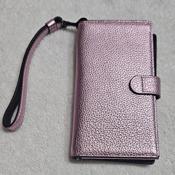 Brand New Authentic Coach Metallic Phone Wristlet- Blush Pink/Dark Gunmetal - Picture 3 of 5